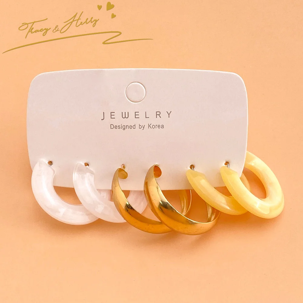 Tracy & Herry Exquisite 925 Sterling Silver Jewelry Bridal Hoop Earrings Dangle Geometric Resin Acrylic Metal Alloy Earring Set