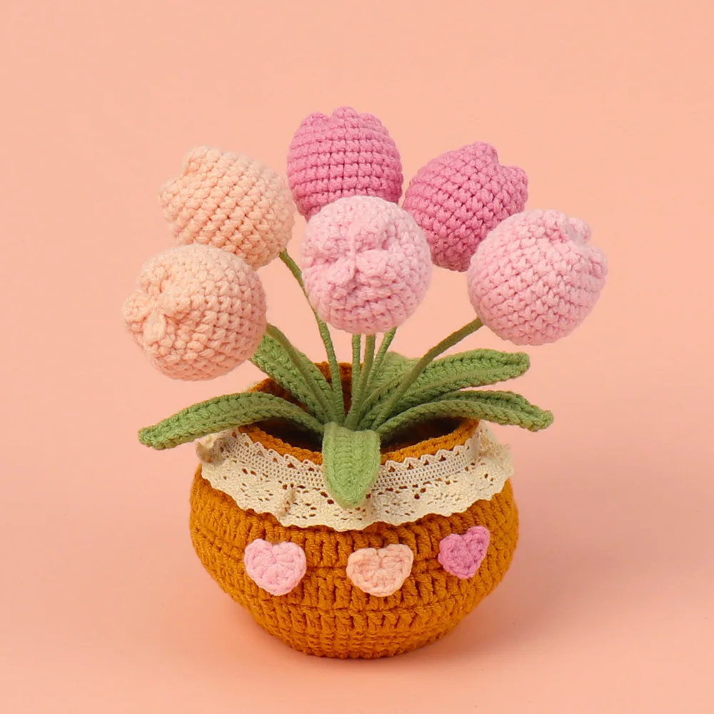 Handmade Knit Artificial Flower Wool Tulips Flower Car Desktop Decoration Crochet Potted Flower Valentine Mothers Day Gifts
