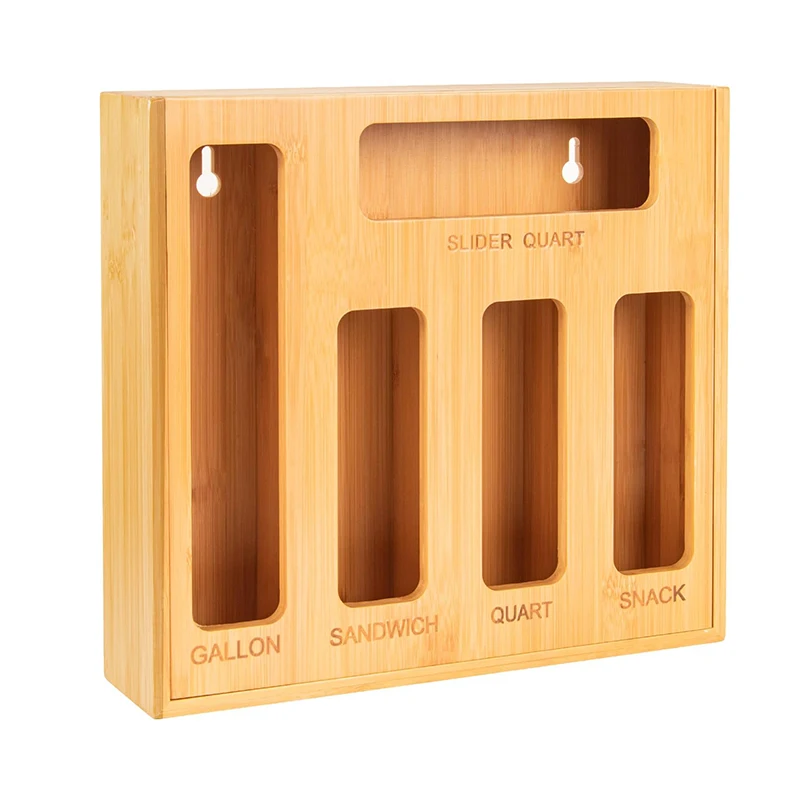 Wholesale Wall Mounted 5 in 1 Bamboo Ziplock Bag Organizer Food Bag Storage Container Box for Kitchen Drawer Organizer