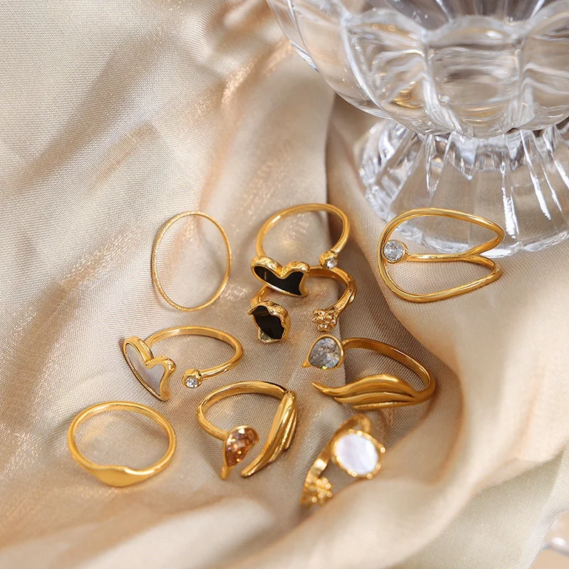 Wholesale Custom Fine Fashion Jewelry 18K Gold Plated Stainless Steel Acrylic Ring Crystal Zircon Shell Heart Ring For Women