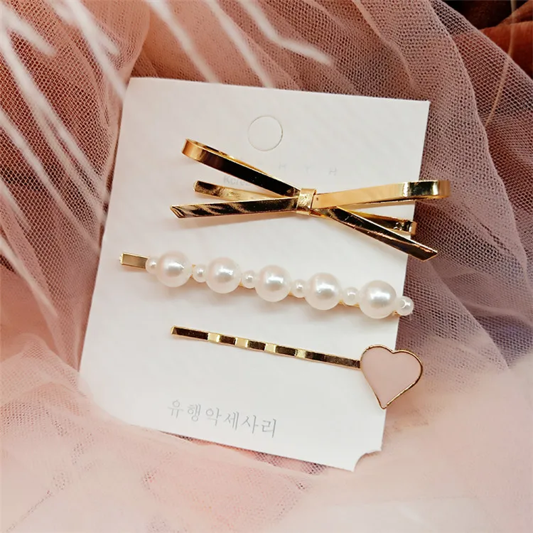 
2020 wholesale fashion gold metal hair clip bow bobby pins hairpins 3pcs set 