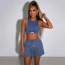 Summer 2022 Crop Top 2 Two Piece Set Women Clothing Shorts Loose Pants Set Clothing Solid Color Sleeveless Tracksuit Shorts Sets