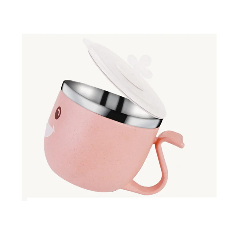 Double Wall Insulated Wheat Fiber&Stainless Steel 240ML Sippy Cup Cute Baby Cups With Silicone Lids