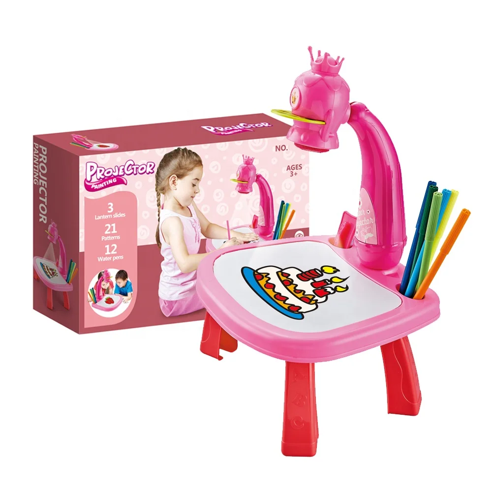 Multifunctional kids drawing projector toys educational painting toys learning desk easel toy projection machine with light