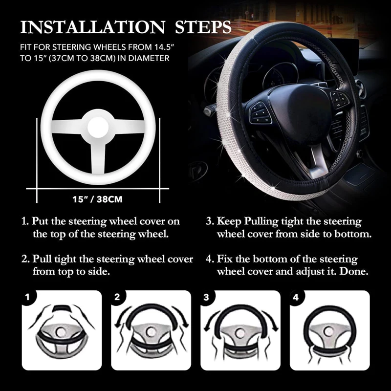 New Diamond Leather Steering Wheel Cover with Bling Bling Crystal Rhinestones Universal  Car Wheel Protector