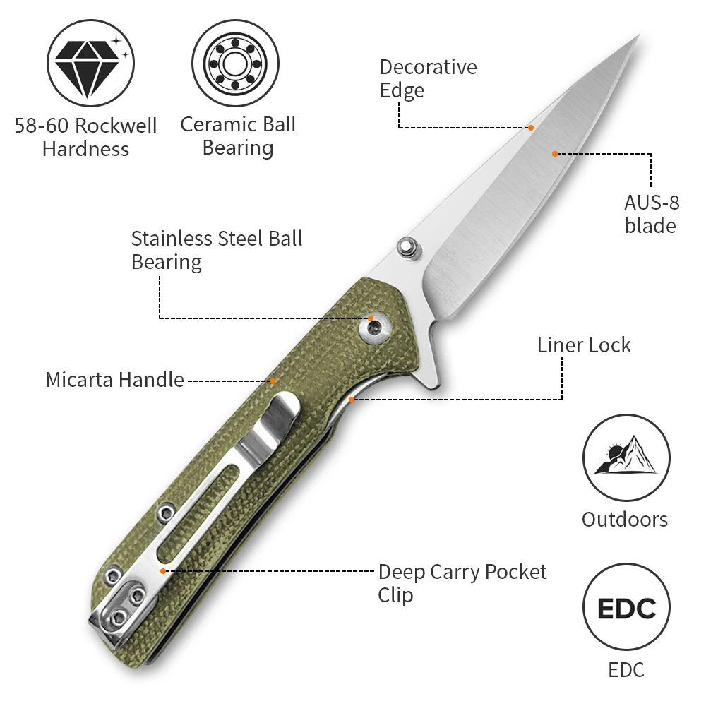 D2 AUS-8 сталь зеленый черный цвет micarta Ручка выживания Открытый складной портативный нож