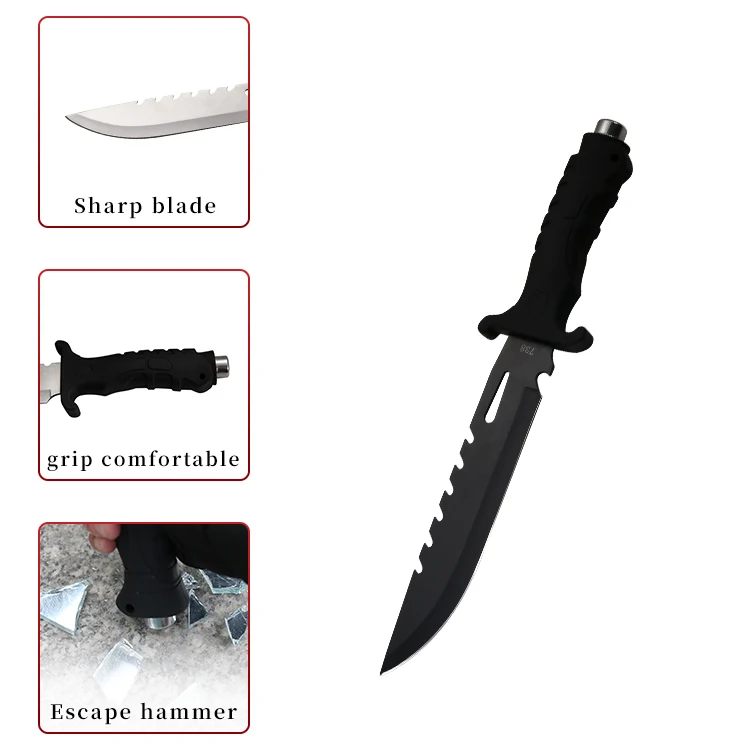 ODM Acceptable Survival Camping Hunting Knife Stainless Steel Fixed Blade with Sheath Black