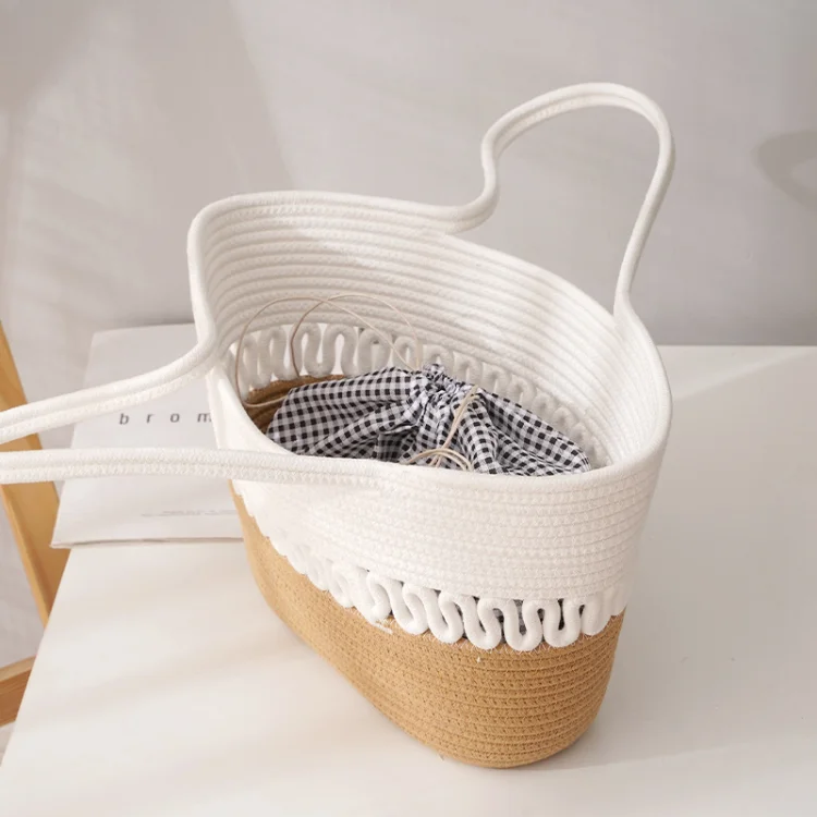 Wholesale reusable woven grocery bags Summer beach bag large canvas tote bag with ribbon