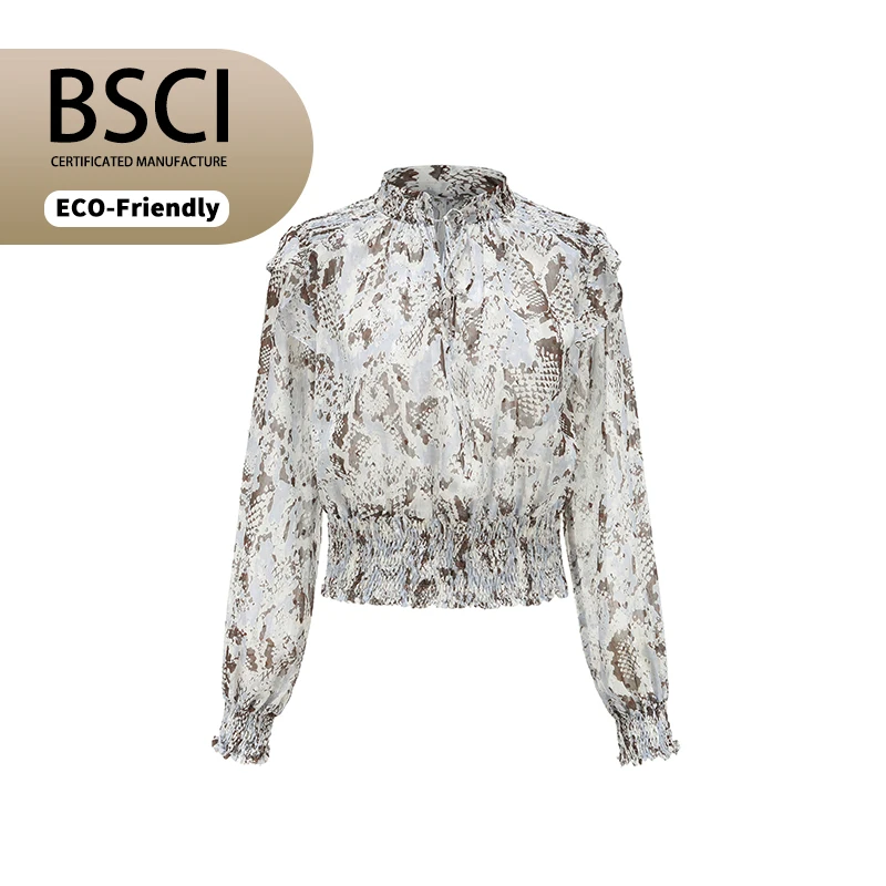 
Women long sleeve print v-neck ribbon smocked ruffled chiffon elegant blouse and tops crop top shirt 