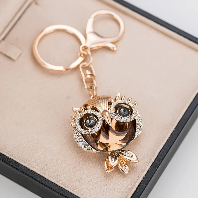 Best Selling Metal Zinc Alloy Crystal Owl Cute Rhinestone Key Bag Buckle Car Pendant Keychain