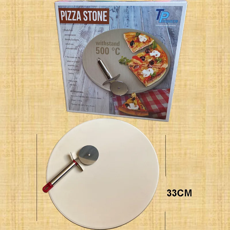 33CM Round Beige Cordierite Pizza Board Refractory Ceramic Insulation Board Ceramic Pizza Stone with Pizza Cutter