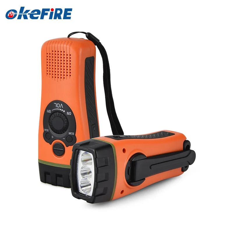 OkeFire Hand Crank Powered Flashlight Rechargeable Survival Gear LED Self Powered Charging Torch & Dynamo with Radio and Buzzer