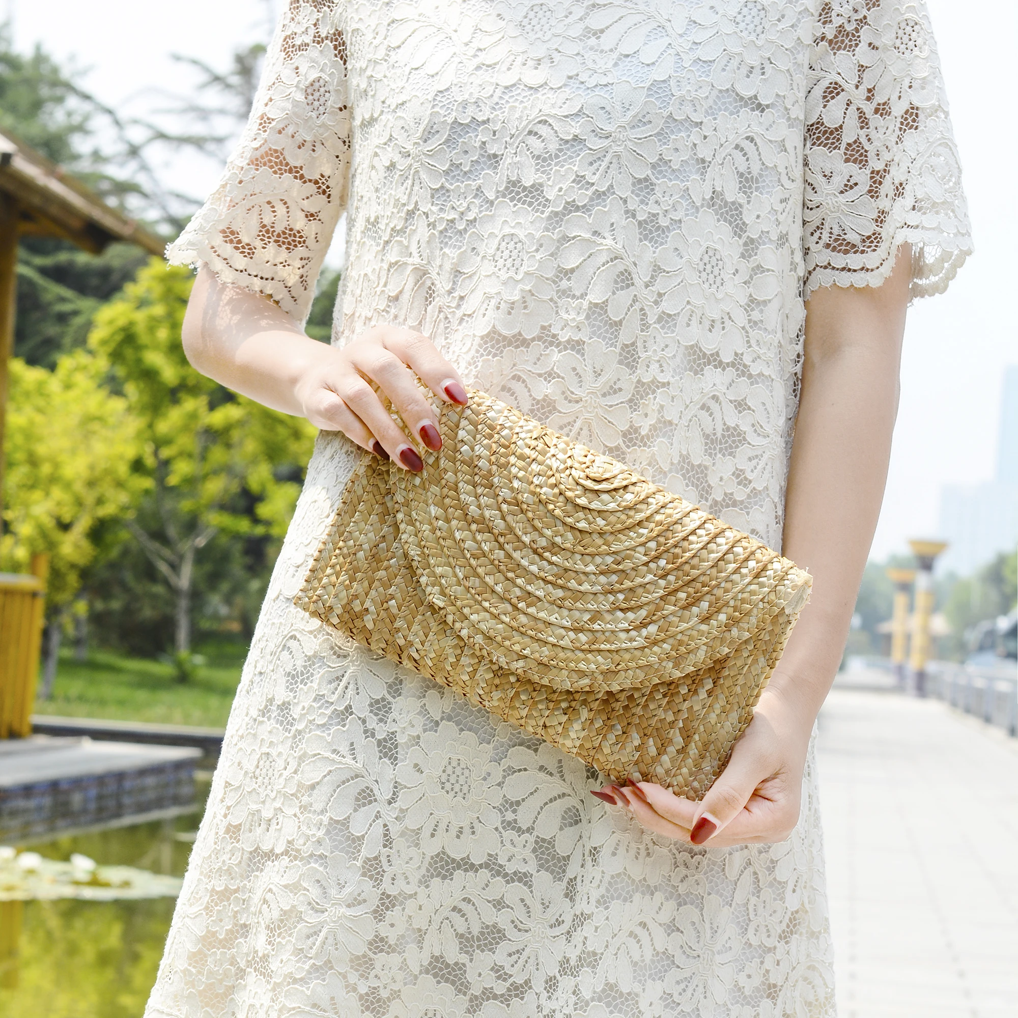 Yellow straw beach bag wheat straw clutch handmade straw pouch