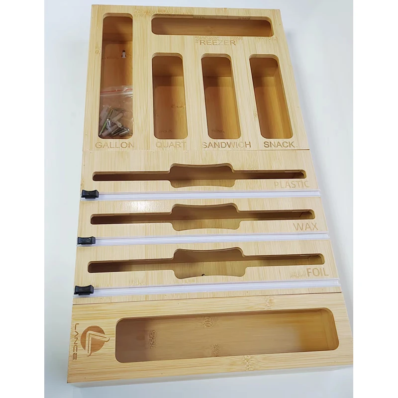 Trending Products 2023 Bamboo 9 in 1 Ziplock Bag Foil Plastic Wrap Storage Organizer For Drawer
