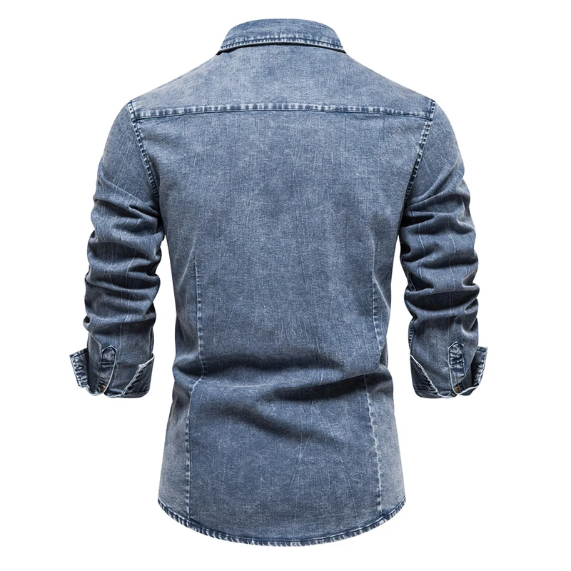 2023 vintage streetwear long sleeve denim jean shirt US size men casual cotton washed denim jeans shirt for men