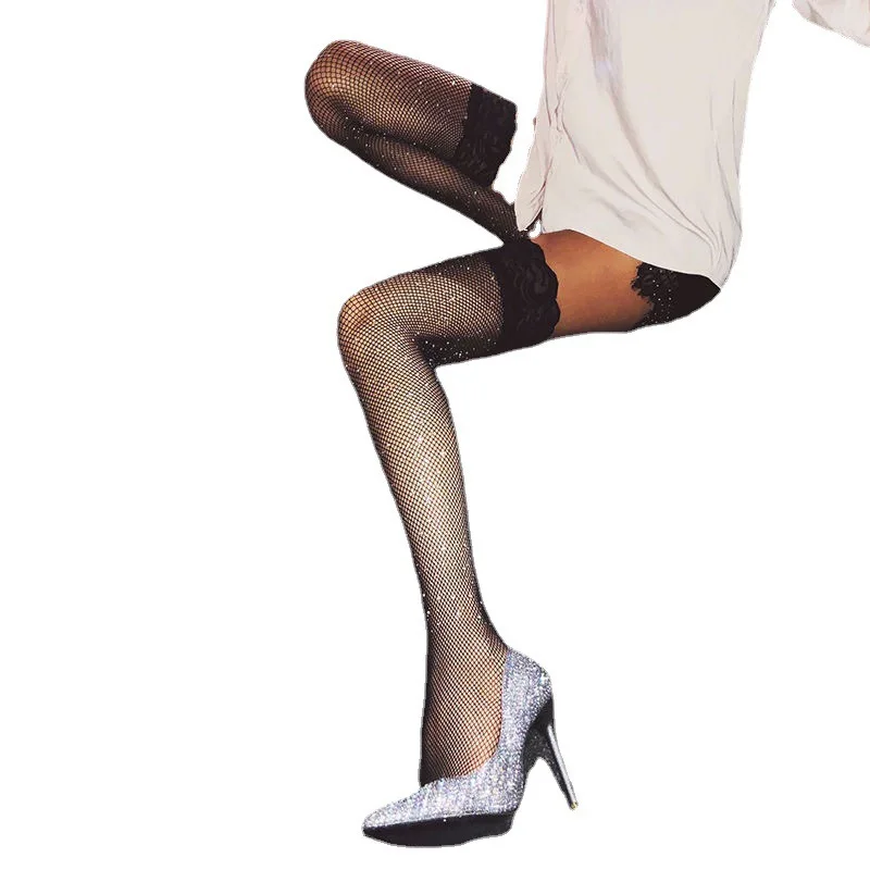 Plus size lace long tube with diamond pantyhose bottom pantyhose sexy hollow breathable fishnet socks