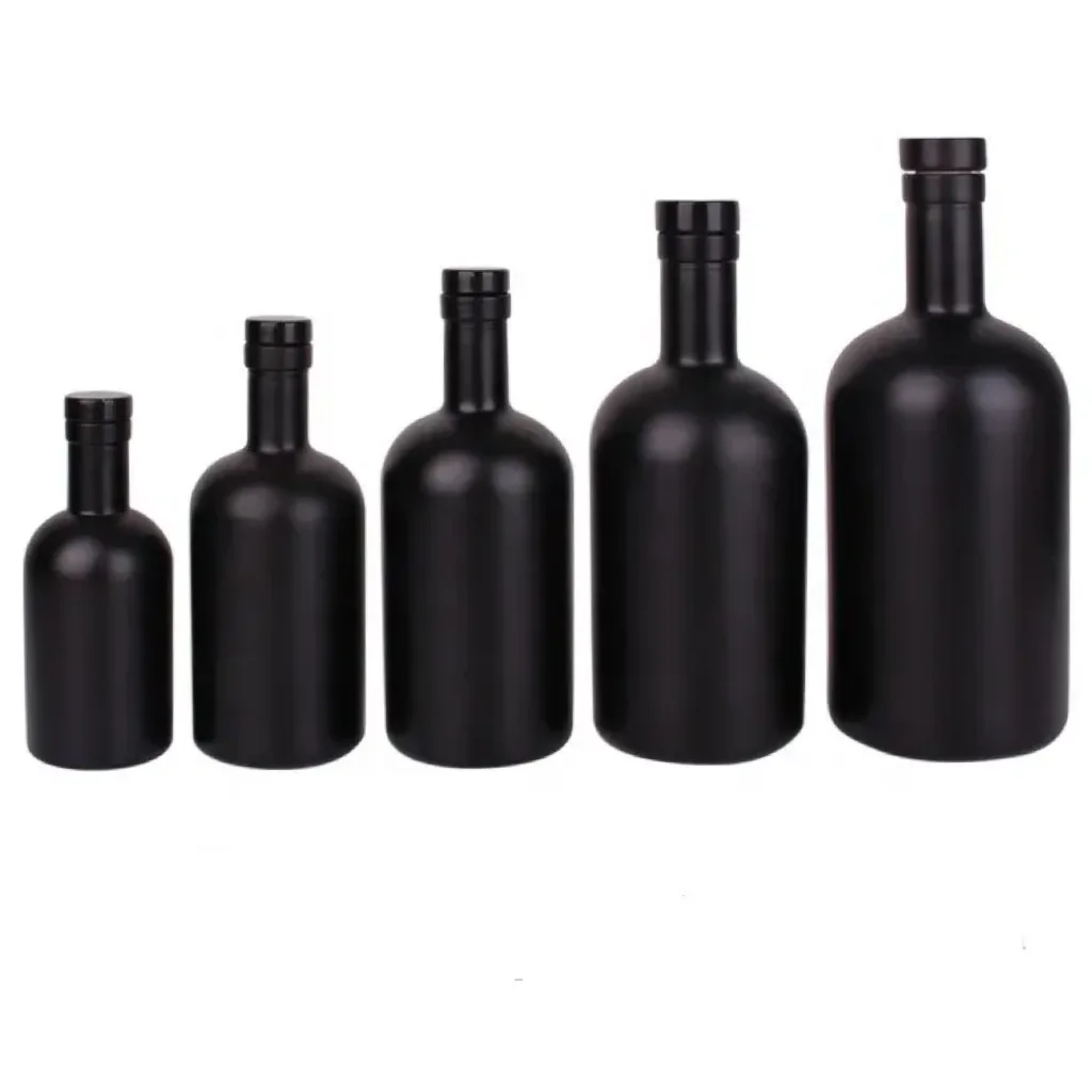 Classic design 750ml powder coating spirits alcohol glass bottle 700ml round Black Vodka glass bottle with cap