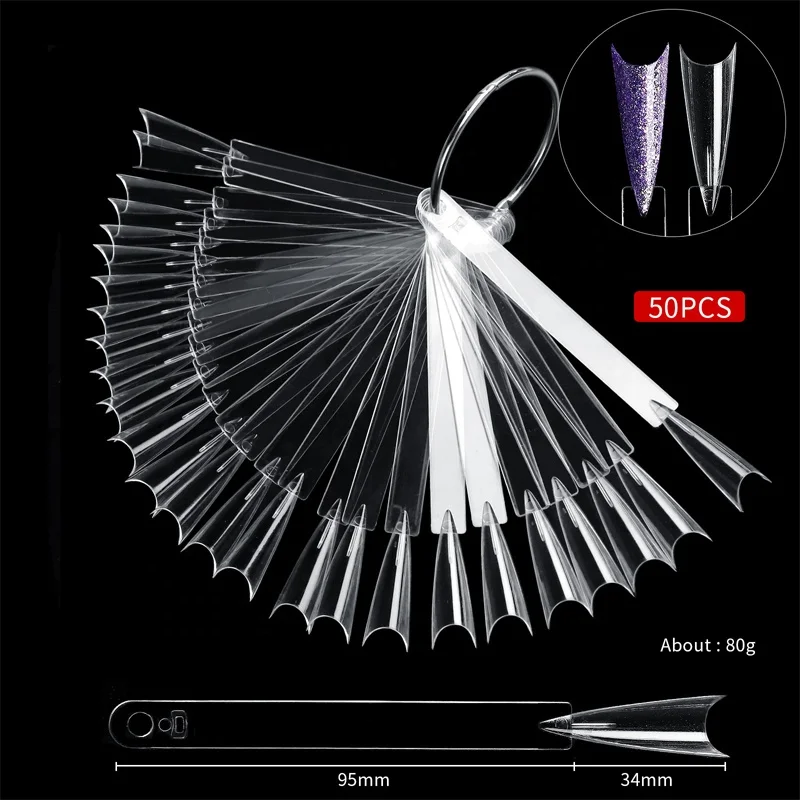 50Pcs/Set False Nail Tips Practice Clear Natural Black Nail Art Display Oval Fan Style Swatch Polish Nail Display Tips