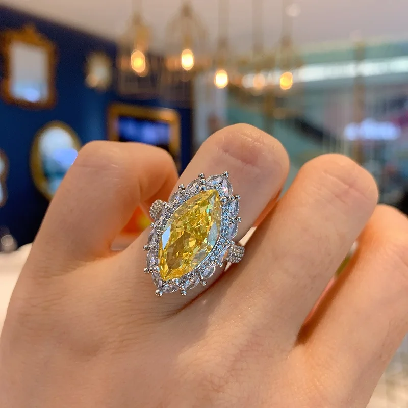 Hot sale S925 silver inlaid zircon 18K gold high carbon diamond Radiant cut big horse eye colored gemstone ladies ring jewelry