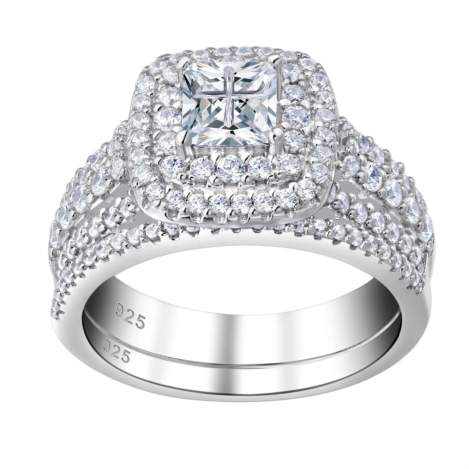 Two Rows Halo Cushion Cut Moissanite Wedding Rings Set 925 Sterling Silver Jewelry Set For Woman