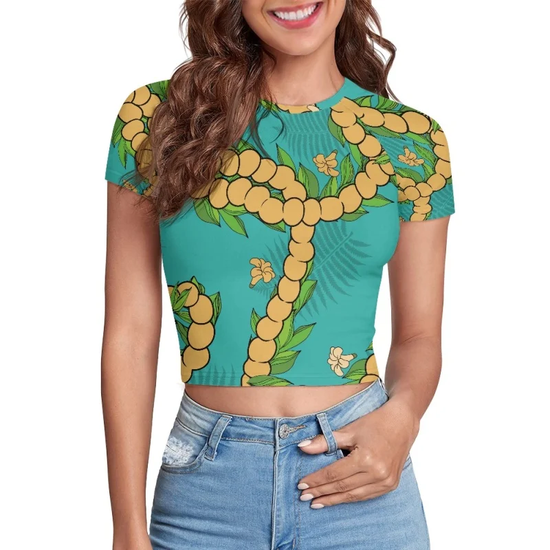Kukui Nut Tree Low MOQ Print Summer Women Crop Drop Hawaiian Sexy Tshirt Short Sleeve Jersey Gym Wear for Teen Girls Custom