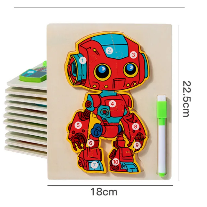 Children Montessori Educational Toy  Wooden Pen  Building Blocks Toy  Two-in-one Stereo Robot Jigsaw Puzzle for Kids