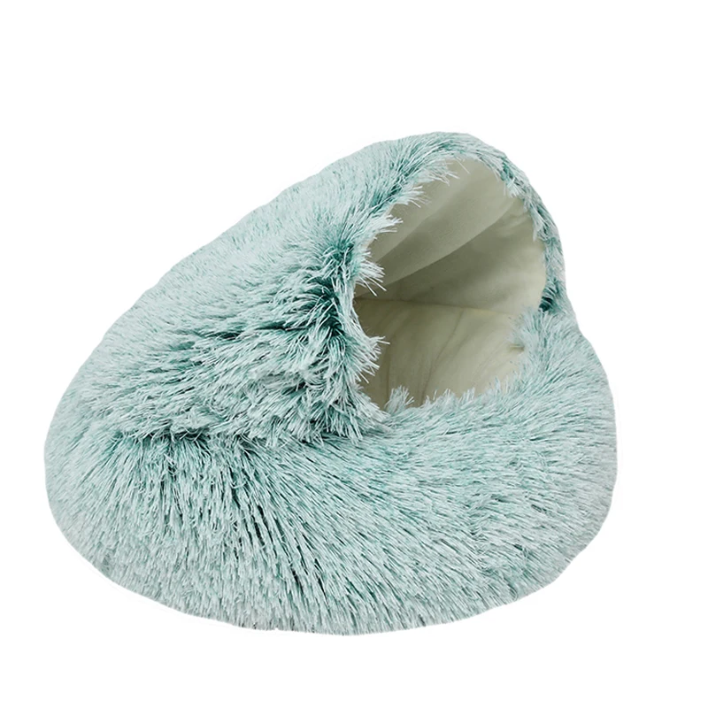 2024 Washable Anti-slip Round Plush Faux Fur Calming Cuddler Donut Dog Pet Cave Bed for Cats With Hooded Blanket