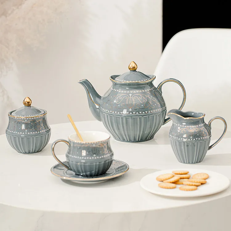 Luxury British tea pot sugar pot milk jug sets grey ceramic coffee tea cups and saucers set with gold rim