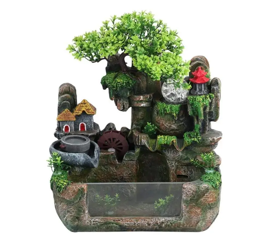 Office Water Fountain, Office Waterfall Indoor Table Fountain Simulation Mini Rocaille Water Fountain Bonsai with 12 Atomiser