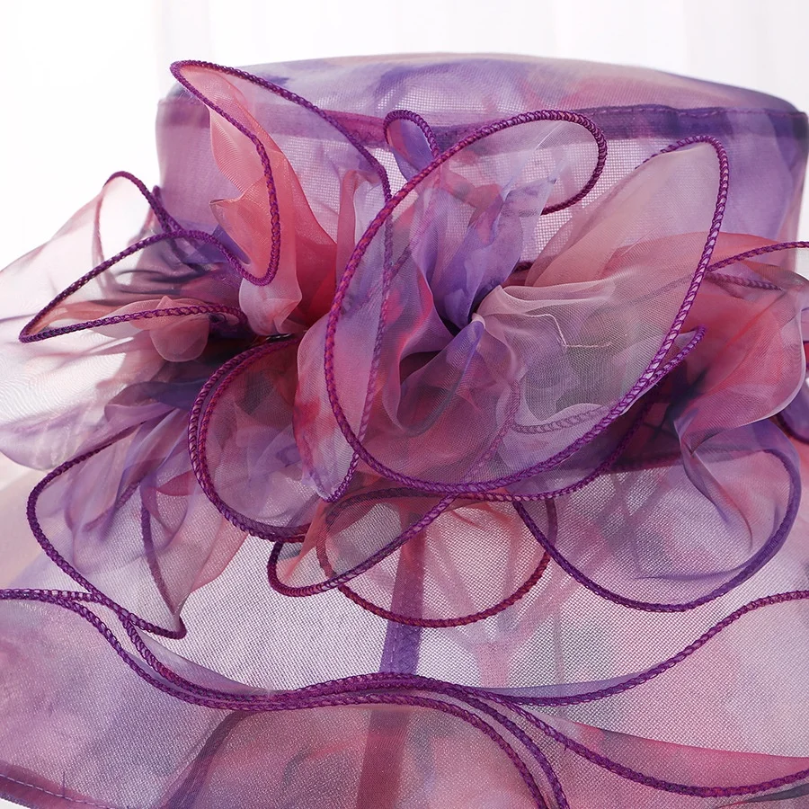 Western Style Wide Brim Women Church Kentucky Derby Fascinator For Tea Bride Dress Organza Mesh Party Wedding Hat