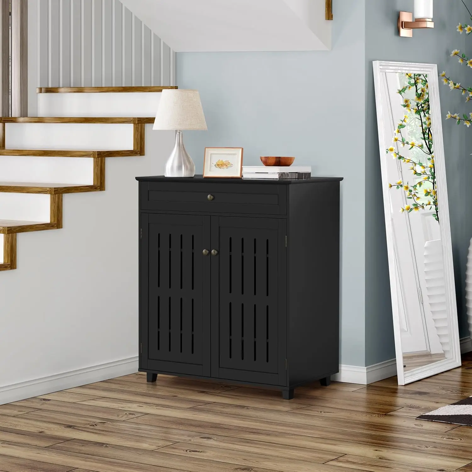 4-Tier Adjustable Shelves Wooden Shoe Cabinet Louvered Doors Black Entryway Hallway Bedroom Closet Living Room Storage Organizer