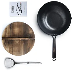 Round non-stick wok with wooden lid multi-function kitchen cookware carbon steel pot 3-piece set