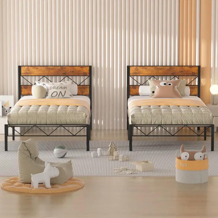 Kainice Factory Direct Sell Bedroom Furniture Children Beds Metal Single Bed Frames With Wood Headboard