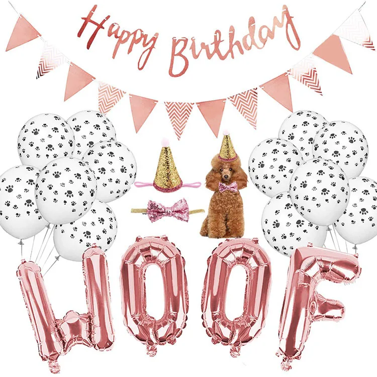 New Arrival Pet Birthday Party Woof Letter Balloon Set Pet Birthday Hat Balloon Letter Banner Accessories for Dog Birthday