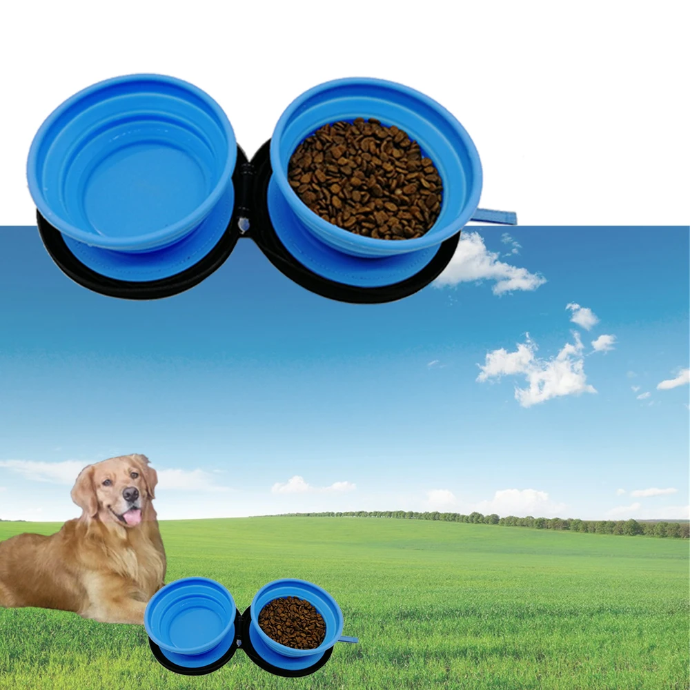 Силиконовая дорожная миска для домашних животных, складная двойная миска, бутылочка для воды, чашки для собак и кошек, водонепроницаемые чашки
