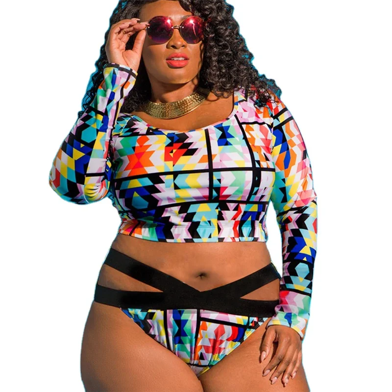 Plus Size Two Piece Sexy Trending Highwaist One Shoulder Bandage Beach Colorful Geometric Print Bikini Set