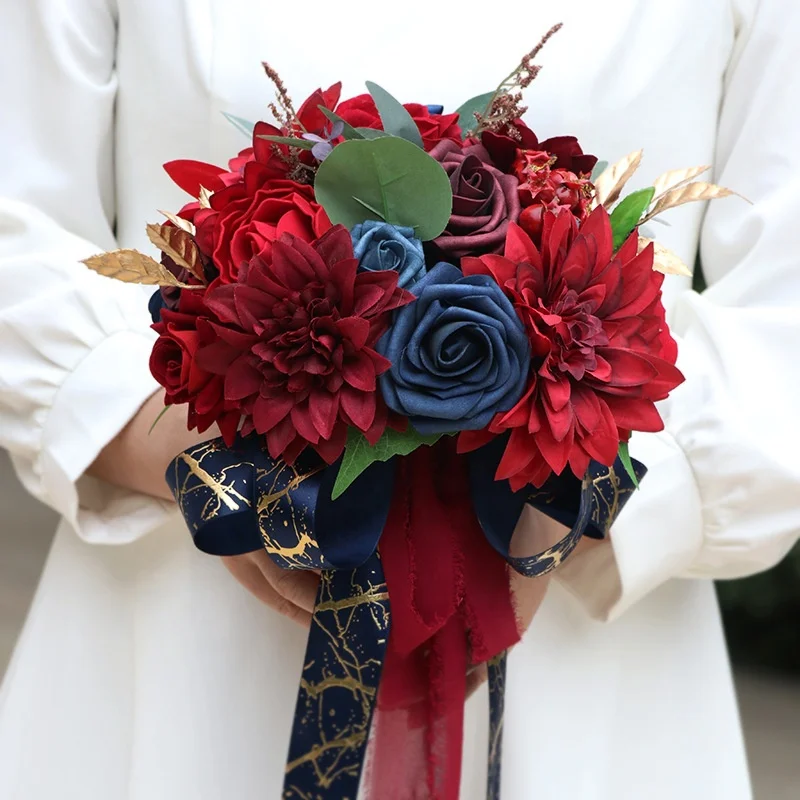 SPH051 Simulated Wine Red Royal Blue Bride Holding Artificial Flowers Traditional Chinese Marriage Bridal Bouquet For Wedding