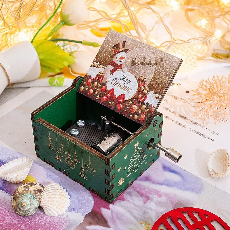 39 designs Popular Gift Melody Hand Crank Laser Engraved Hand Crank Wooden Christmas Day Music box