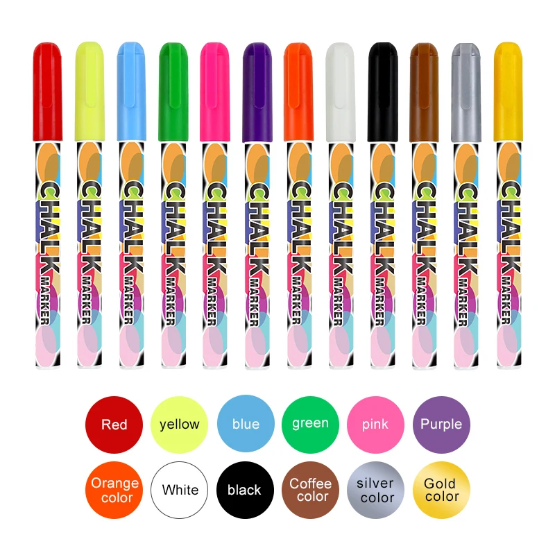12 Colors 0.7mm Eco-friendly OEM Dry-Erase & Wet-Erase Neon Liquid Chalk Marker For Black Board
