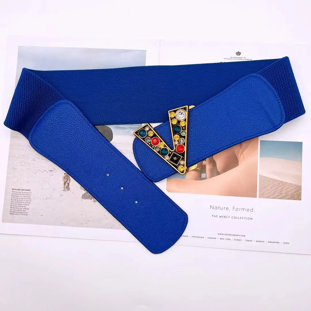 New Designs Luxury V Logo Color Gemstones Buckle Pu Leather Elastic Waist Belt Wide 7 cm Colorful Belt