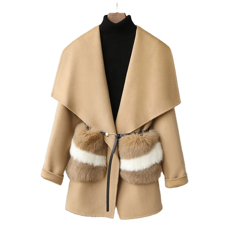 2023 Fall and Winter New Double-sided Wool Coat Female Fox Fur Fur Mid-length Wool Tweed Belt Jacket JT3473