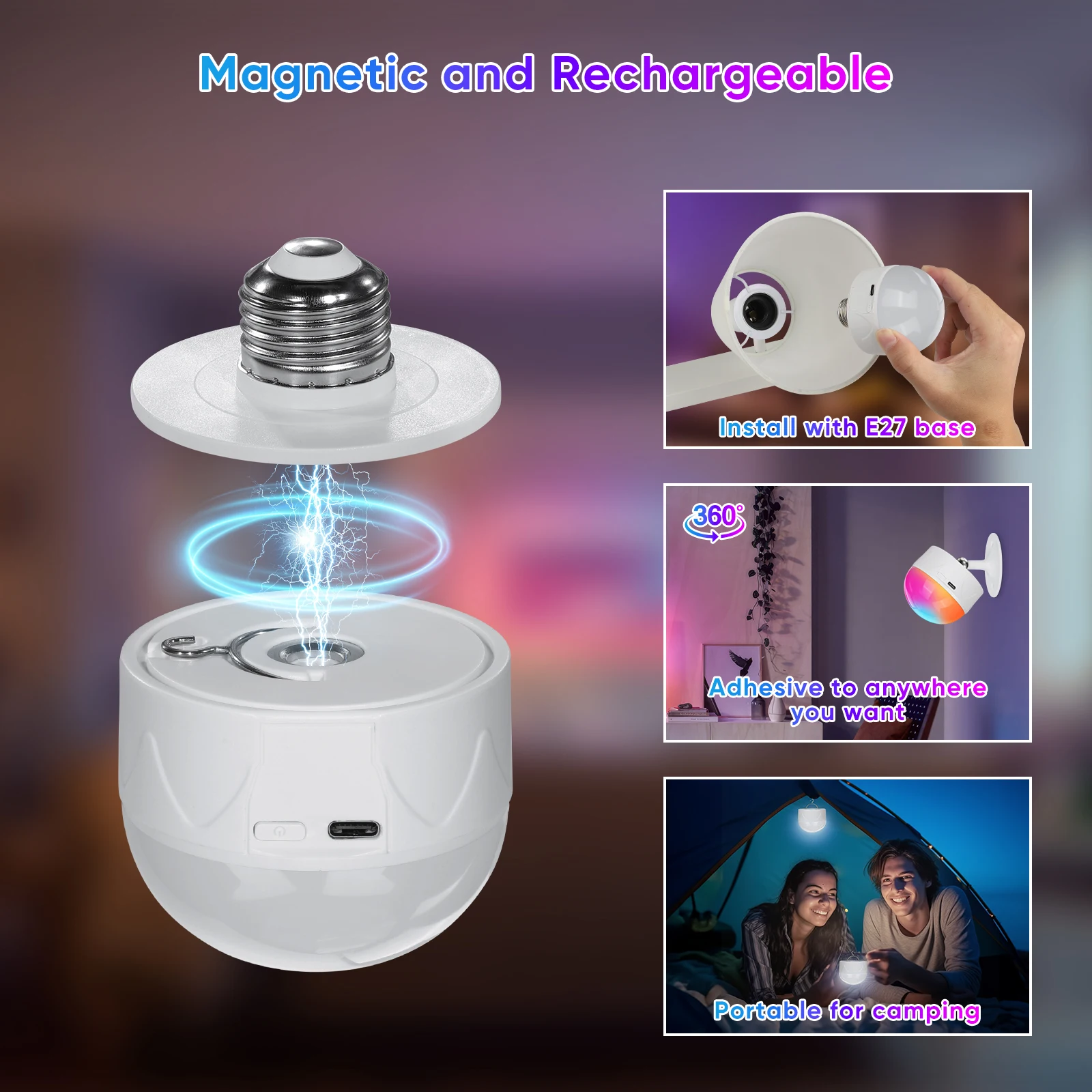 Remote RGB Rechargeable Wall Lamp E26 E27 RUSB-C Rechargeable Bulb Battery Powered Beside Light Emergency Lamp Bulb 2 Pieces