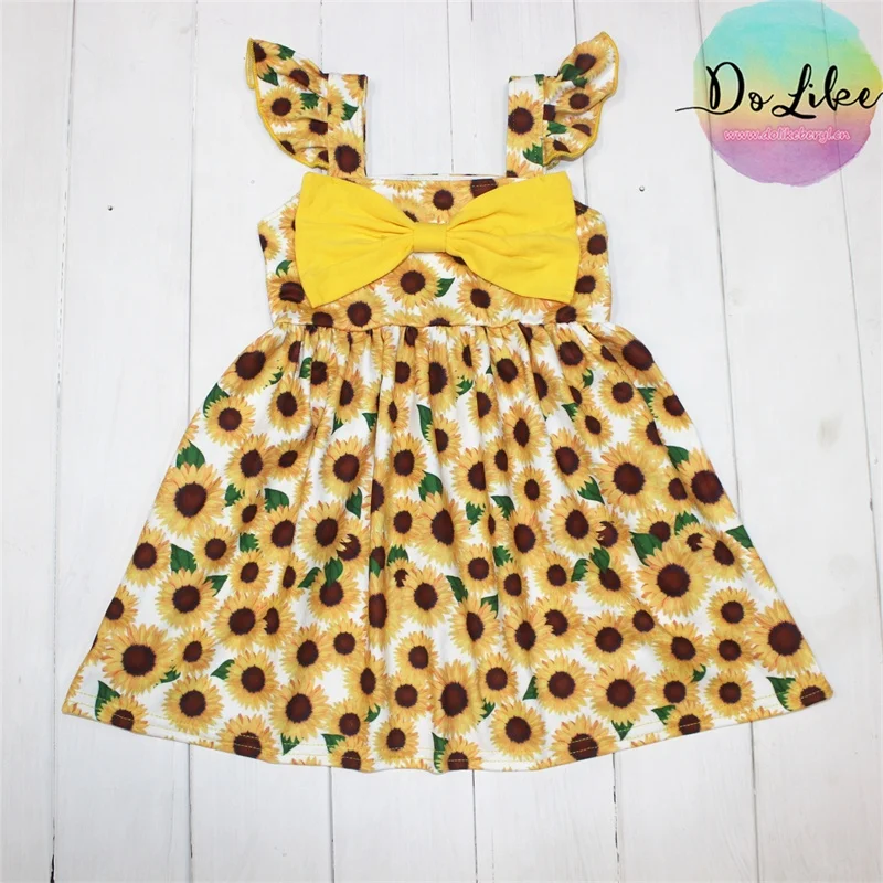 Summer kids clothing sunflower baby girl dress girls fancy dress with bow