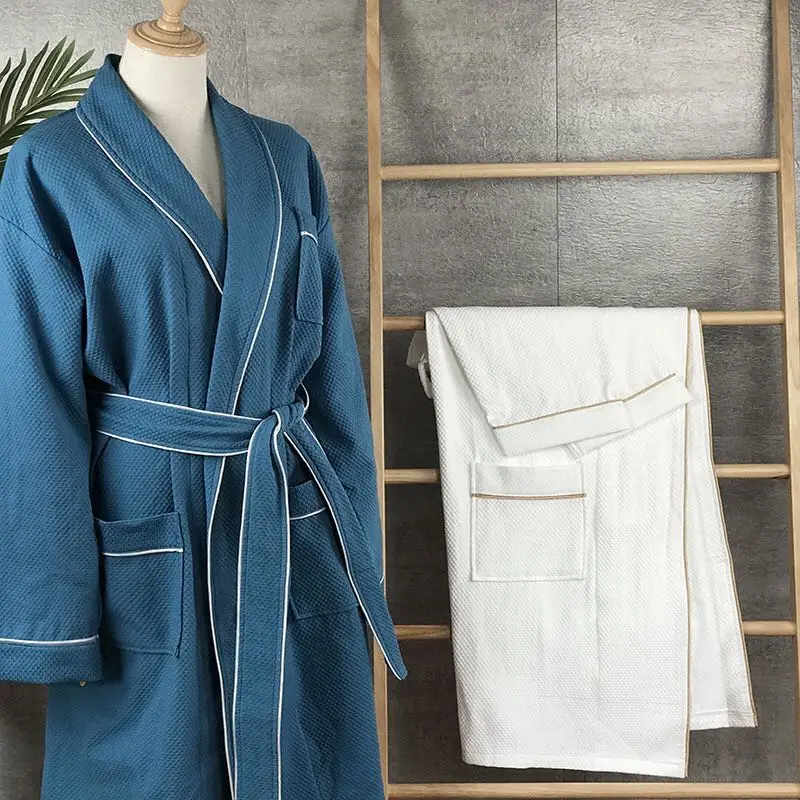 Stylish breathable and absorbent 100% cotton robes knit lightweight pool spa waffle shawl bathrobe
