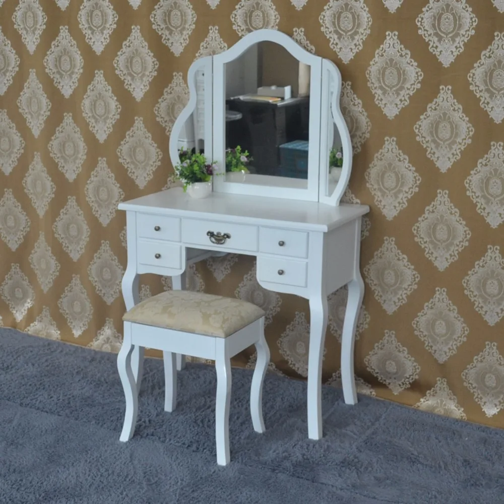 White Dressing Table Tri-fold Mirrored Makeup Vanities for Girls