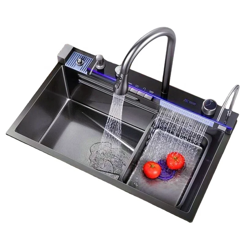 2024 Popular Large LED Display Kitchen Sink Rectangular Single Slot Multifunction Waterfall Anti-Scratch for Hotel Application
