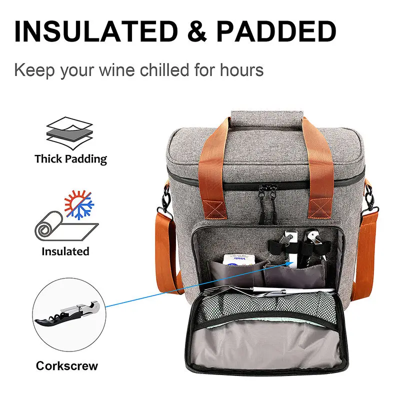 OEM Foldable Travel Cooler Bags Sac Isotherm Wine Carrier 3 Bottle Capacity Tote Bag For Wine Lover Gift Leakproof Picnic Bag