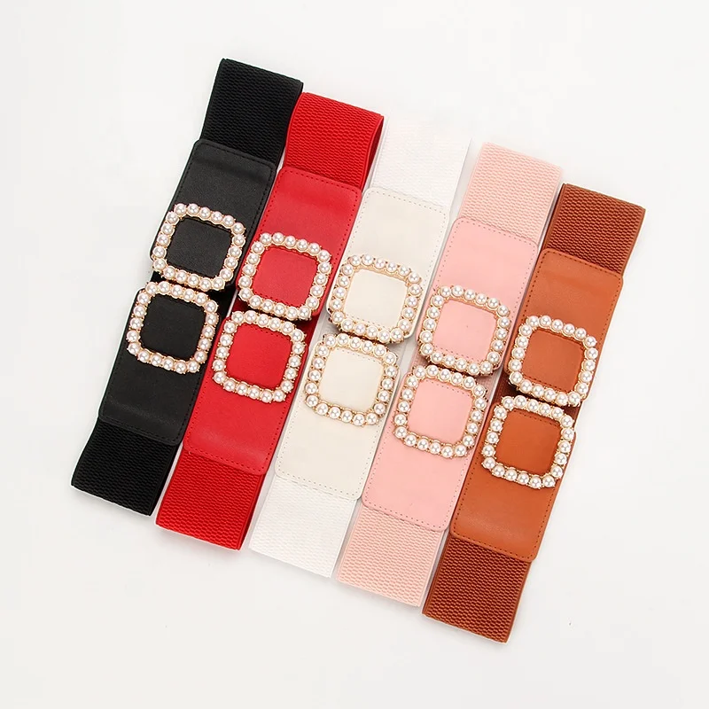 Pearls Square Buckle Belts for Women Adjustable Elastic Waist Belts Ladies Waistband for Jeans