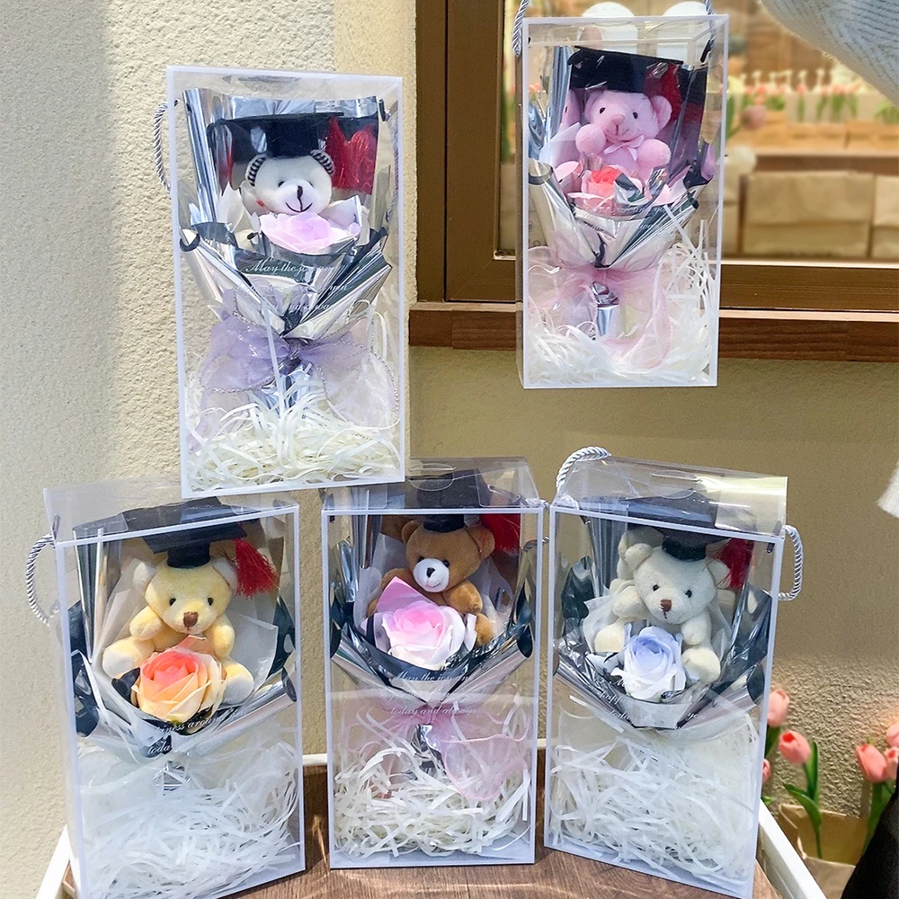 Kawaii cheap soft toy teddy bear mini rose bouquets mixed colors artificial flowers mini bouquet