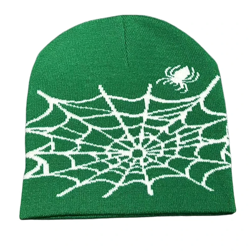 Wholesale Unisex Cool Beanie Hats Spider Web All Over Printing Custom Logo Warm Cap Acrylic Jacquard Knitted Cuffless Beanie